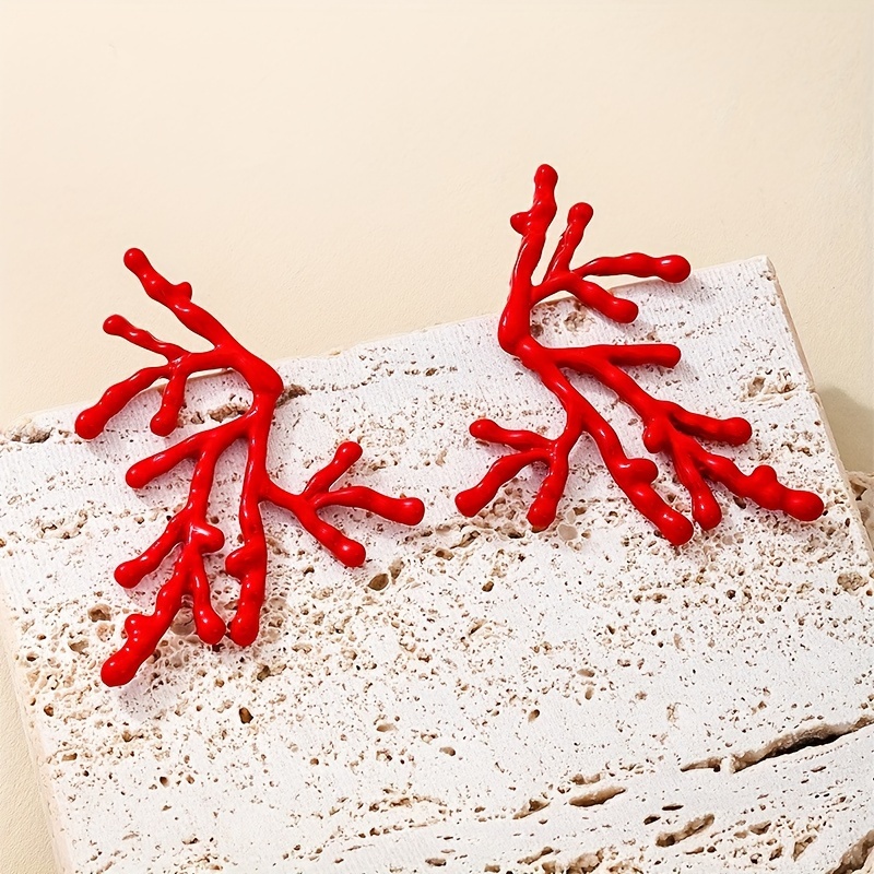 Red Coral Branch Stud Earrings for Casual Attire & Gifting
